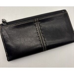Fossil Clutch Trifold Black Leather Organizer Wallet VTG  Stitch Accent